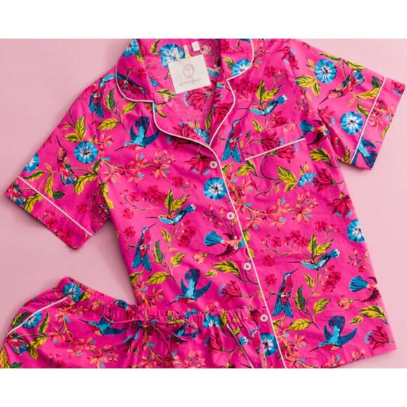 Printfresh Women's Pajama Top M Hummingbird Haven Pink Short Sleeve Floral PJs - Picture 3 of 8